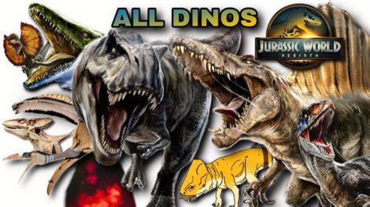 A collage of dinosaurs from the Jurassic Park franchise all bearing their teeth