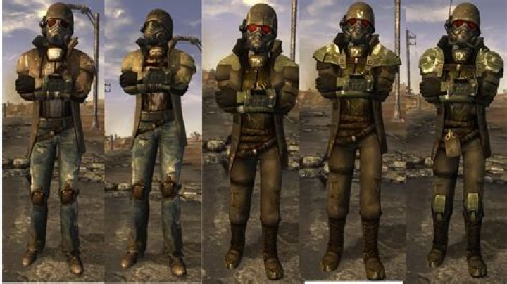 A Desert Ranger from Fallout: New Vegas posing with a pistol in his hand as he stares out with the sign of the city behind him and the game's logo on the image's left-hand side.