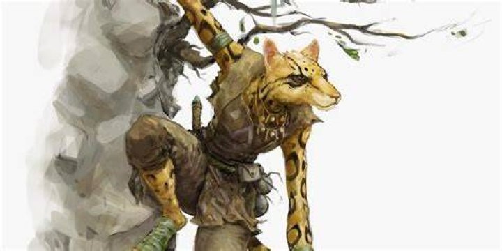 A leopard like tabaxi hangs from a cliff, carefully watching something in the distance