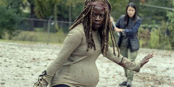 A pregnant Michonne prevents others from approaching in The Walking Dead