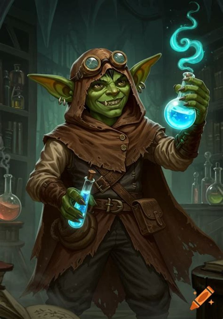 An alchemist goblin in DnD reaching with forceps toward a bubbling flask.