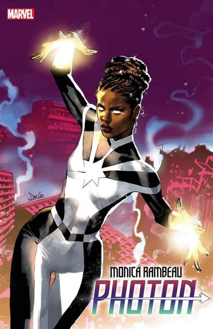 An image of Monica Rambeau standing in front of the SWORD logo