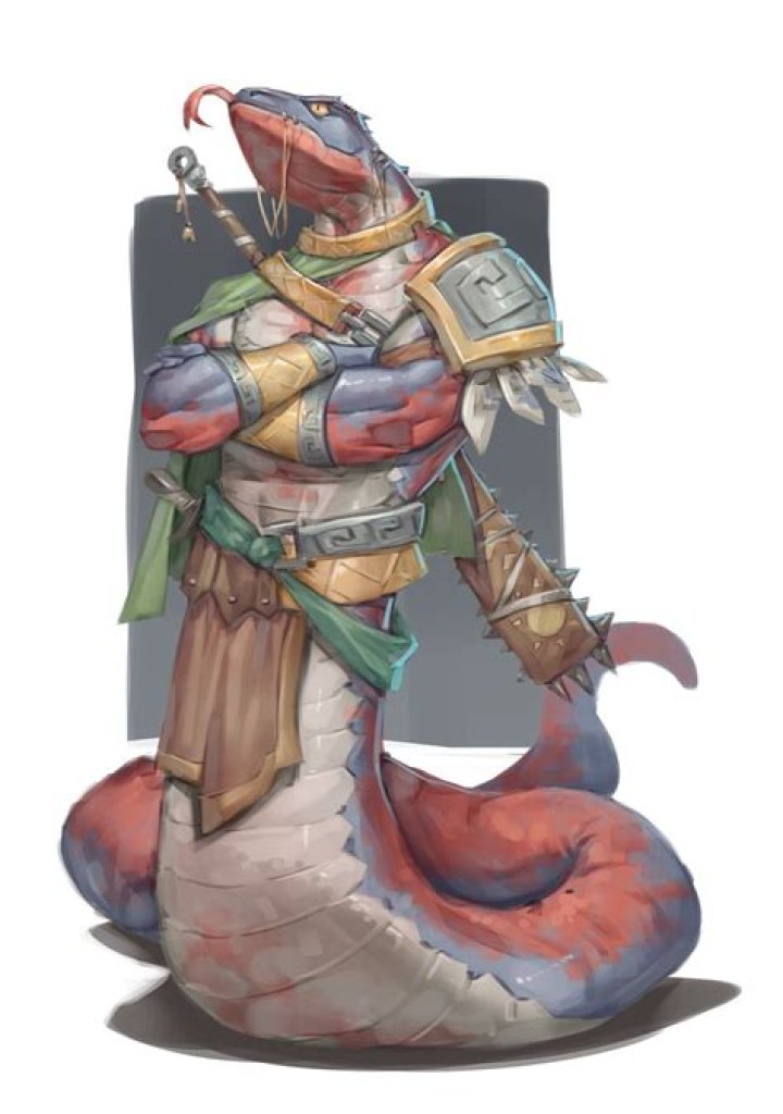 Artwork of a yuan-ti snarling with their fangs bared, a goblin leaping to attack and a githzarai arms folded over their chest.