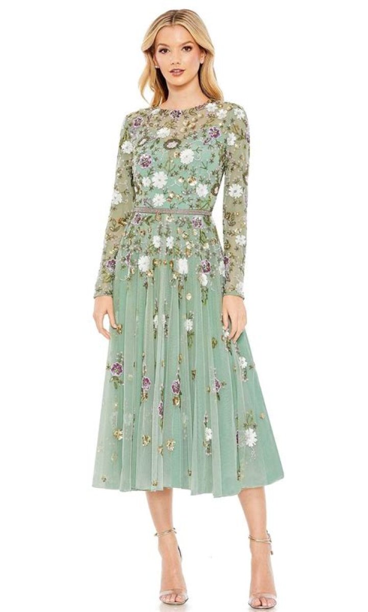 Asymmetric flower-embellished midi gown with a halter neckline