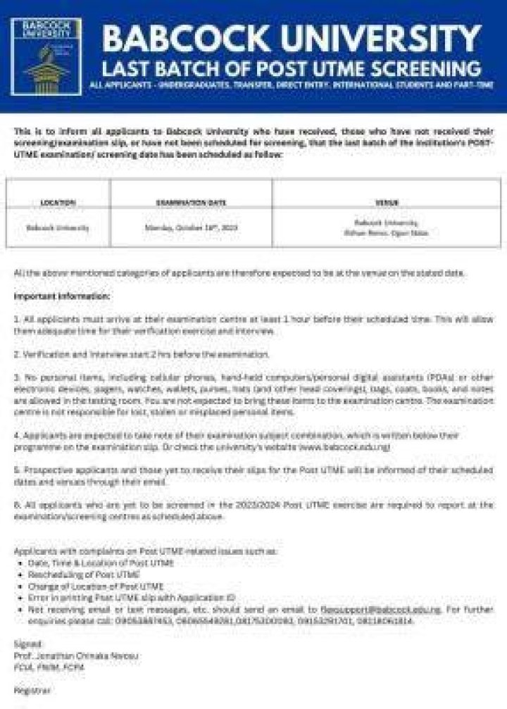 Babcock University PostUTME Screening Dates 2022/2023