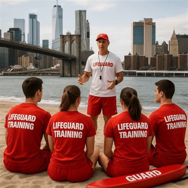 Billy wearing his lifeguard uniform, Jasmine wearing a pink embellished ensemble