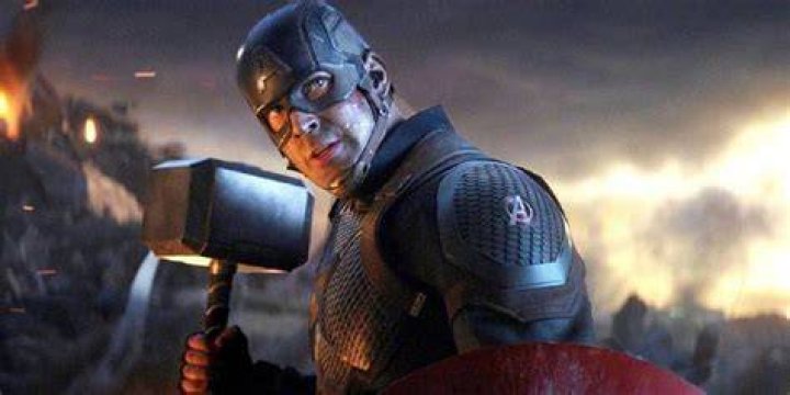 Captain America wielding Thor's Hammer Mjolnir in Avengers Endgame