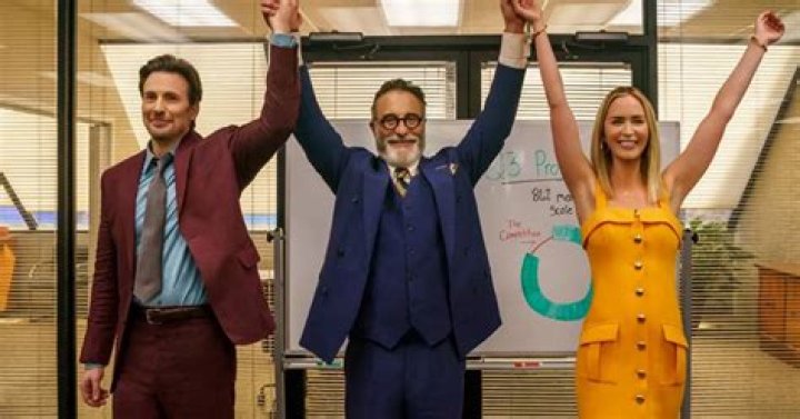 Chris Evans, Andy Garcia, and a very excited Emily Blunt in Pain Hustlers