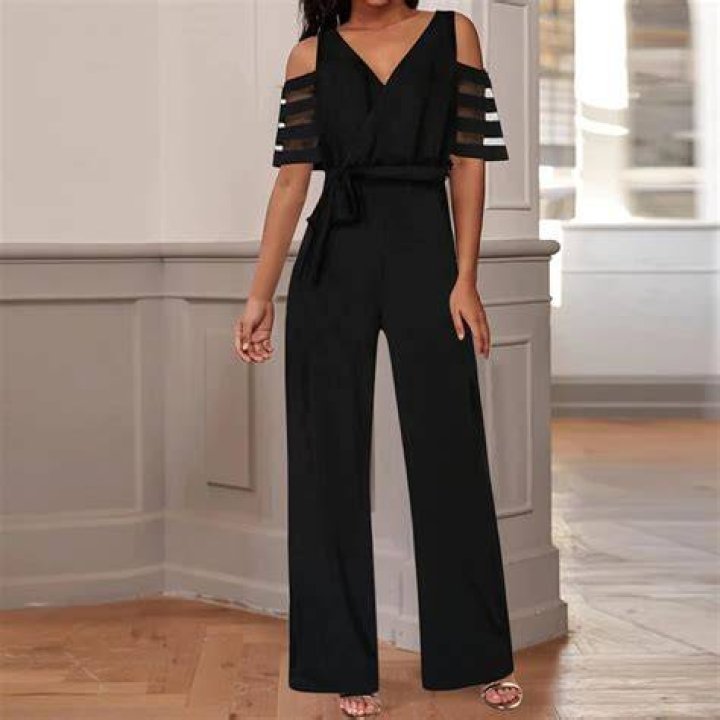 Cold shoulder short-sleeved jumpsuit with cross-collar neckline
