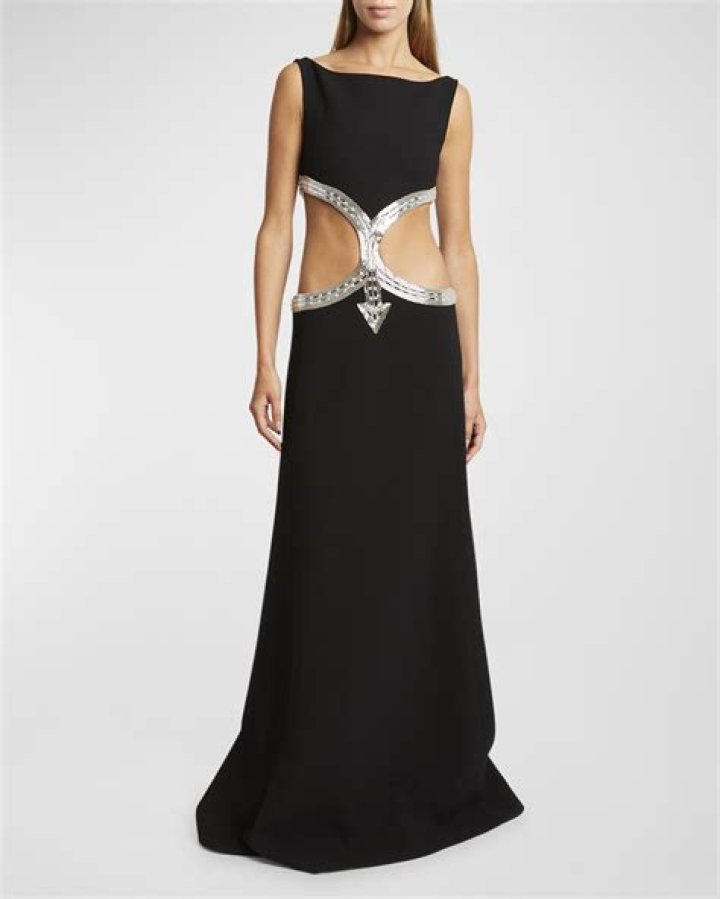 Crystal embroidery cutout gown with round neckline