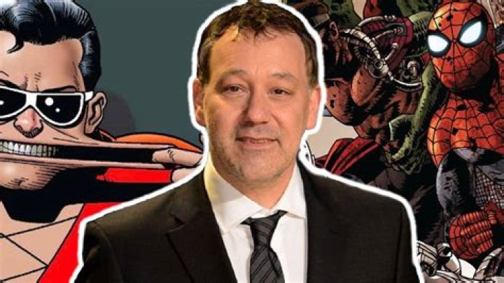 Director Sam Raimi before Plastic Man and a zombified Spider-Man.