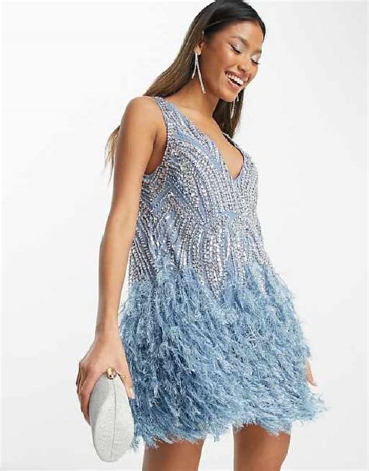 Embellished one-shoulder mini with feather detail