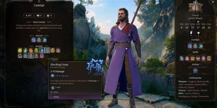 Gale character creation screen with shocking grasp description in Baldur's Gate 3