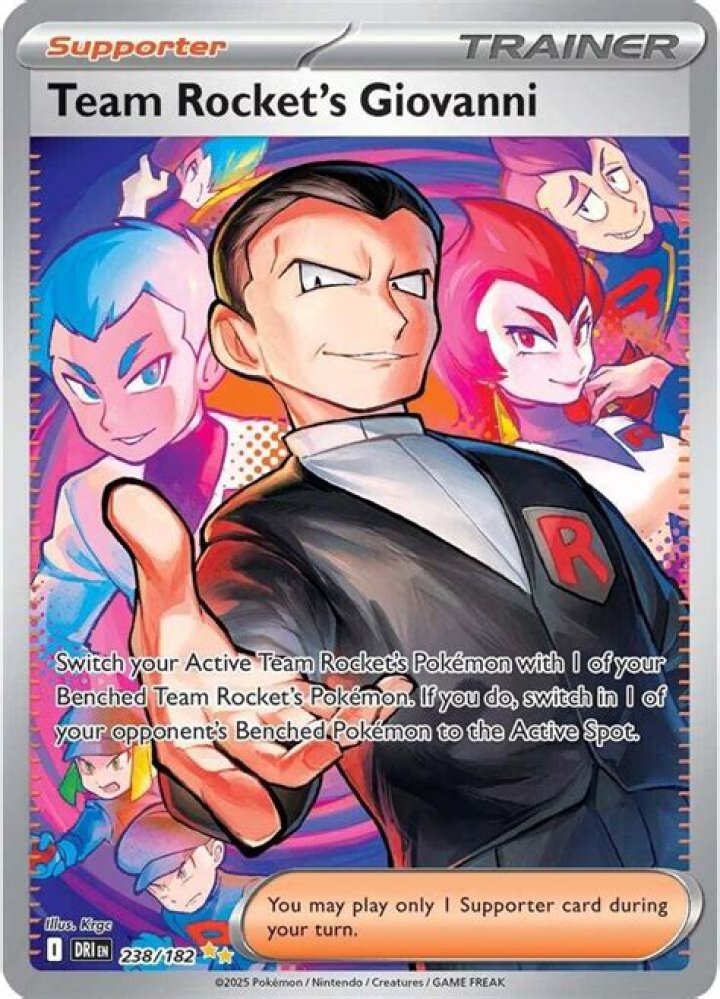 Giovanni from Pok&eacute;mon GO looks serious against a red-colored background with blurred Pok&eacute; Balls.