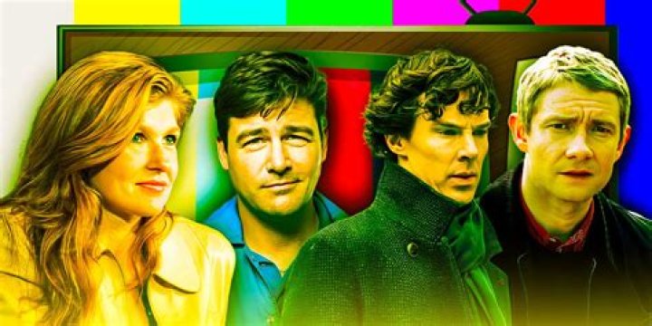 Great TV duos collage with Coach Taylor and Tami from Friday Night Lights and Sherlock Holmes and Dr. Watson from Sherlock, both pairs in front of TV color bars.