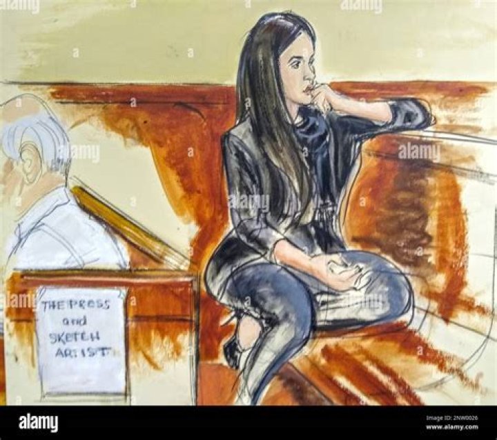 In this courtroom drawing, Emma Coronel Aispuro, sits in the gallery listening, via earphones, to an interpreter reading a verdict. Photo / AP