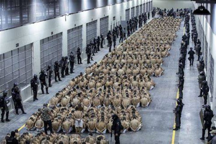Inmates identified by authorities as gang members are seated on the prison floor of the Terrorism Confinement Center in Tecoluca, El Salvador. Photo / AP