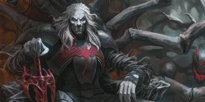 Knull sits on a throne and smiles in Marvel Comics.