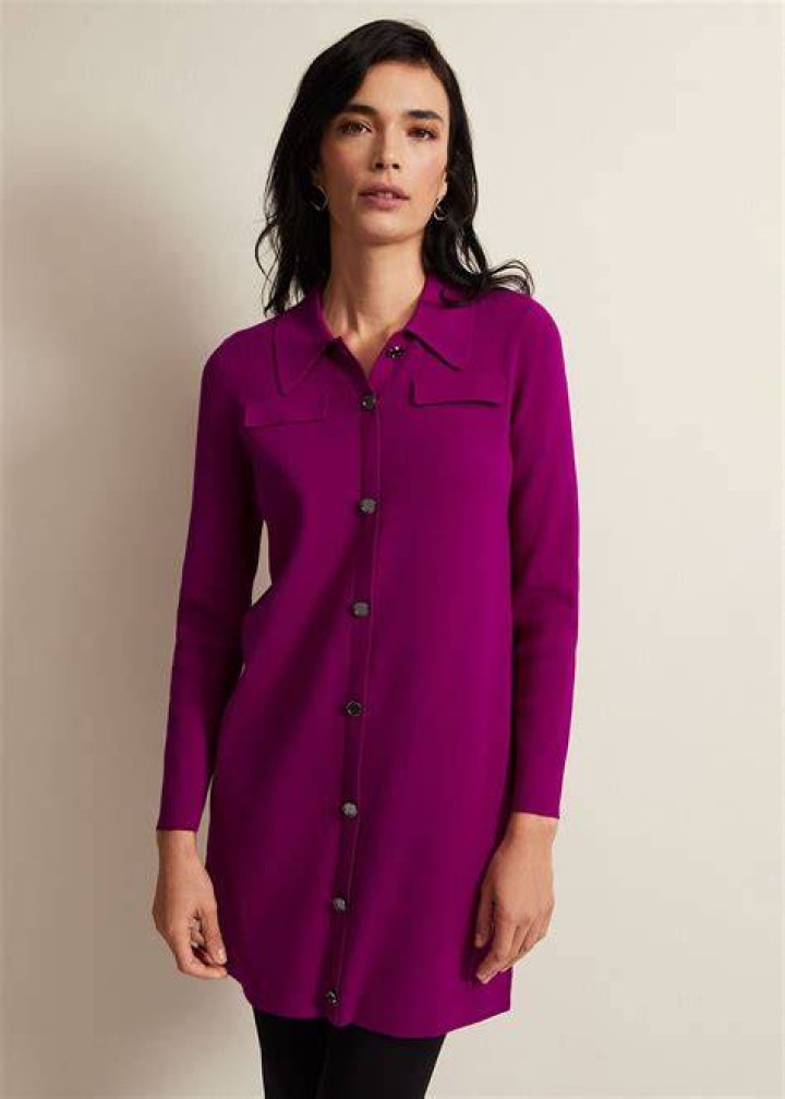 Long-sleeved collared tunic dress with flare bottom and button closure