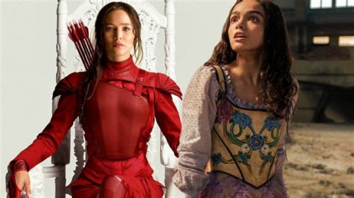 Lucy Gray Baird looking shocked in The Ballad of Songbirds and Snakes next to Katniss Everdeen sitting on a throne in her red Mockingjay suit from The Hunger Games