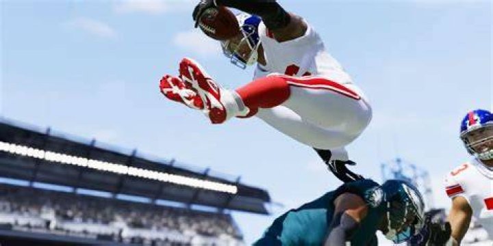 Madden 24 Bills player jumping over Eagles player. 