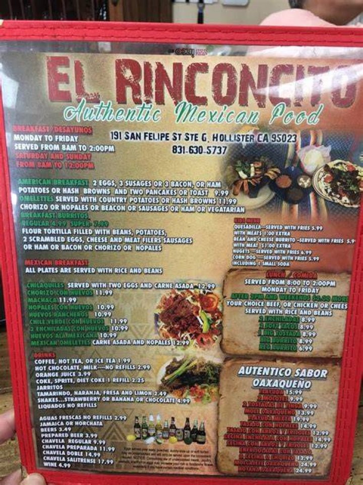 Menu at El Rinconcito Authentic Mexican Food restaurant, Hollister