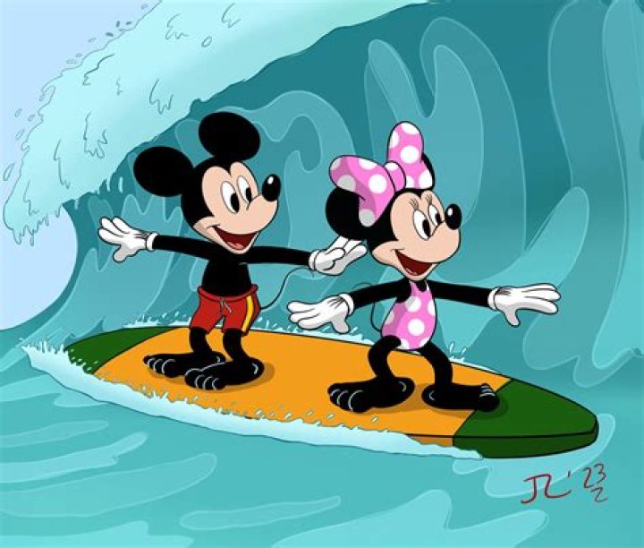Mickey and Minnie surfing in the Wonderful World of Mickey Mouse
