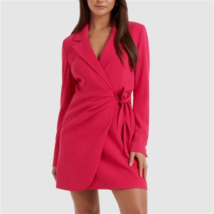 Mini wrap blazer dress with padded shoulders and faux trim