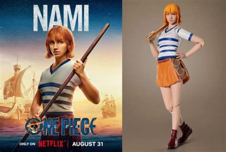 Nami from Netflix's One Piece holding her staff next to her anime character