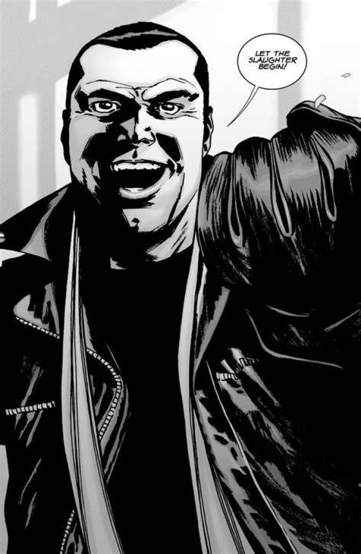 Negan in Walking Dead comics looking menacing and holding a baseball bat above my head.