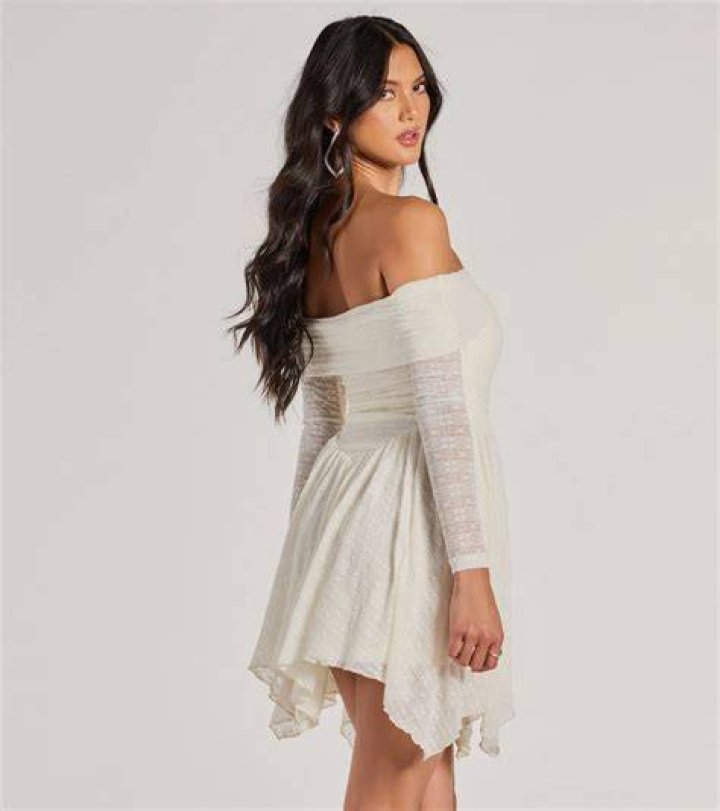 Off-shoulder ruffled mini with asymmetric hemline
