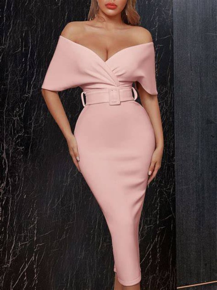 Off-shoulder surplice front buckle belted gown