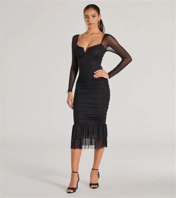 Off-the-shoulder ruched mesh gown with side slit