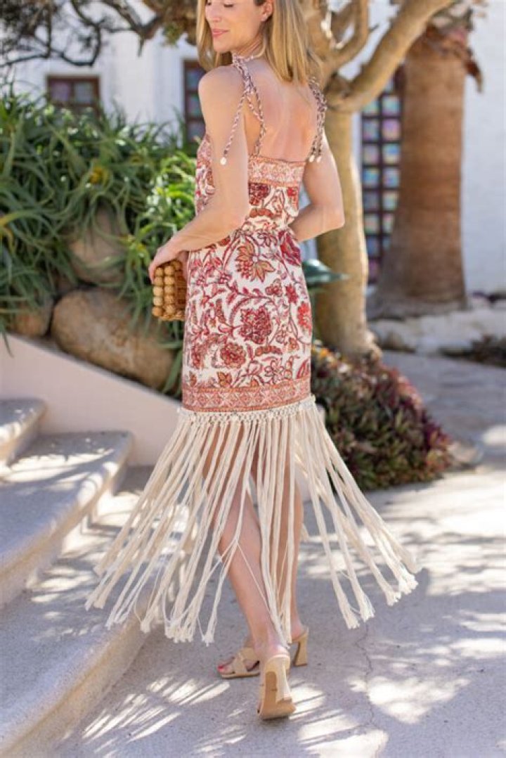 One-shoulder crochet dress with fringes and side slit