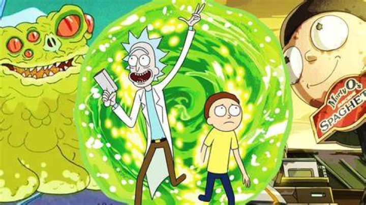 Rick and Morty stepping out of a portal, but Rick is celebrating and Morty looks worried