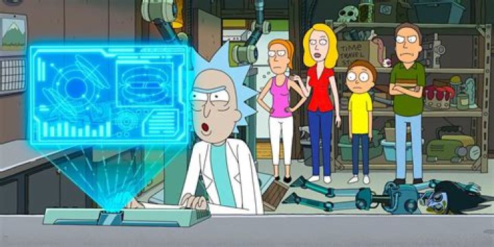 Rick looks at a projected computer screen while the Smith family looks on in Rick and Morty season 7