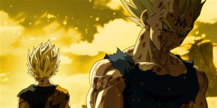 Screenshot from Leo Amaya's fanmade Dragon Ball Z x Naruto opening shows Majin Vegeta smiling with a super saiyan goku in the background with his back turned.