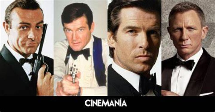 Sean Connery, Roger Moore, Pierce Brosnan, and Daniel Craig as James Bond posing while holding gun