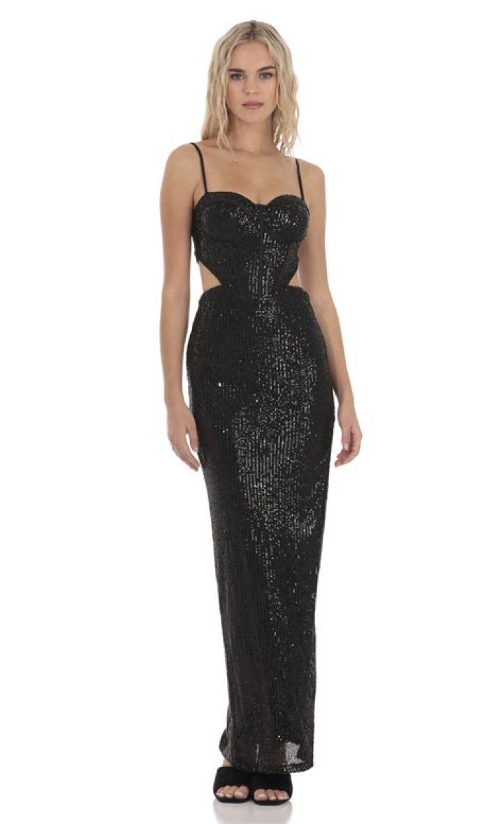 Sequin corset cut-out gown with a square neckline