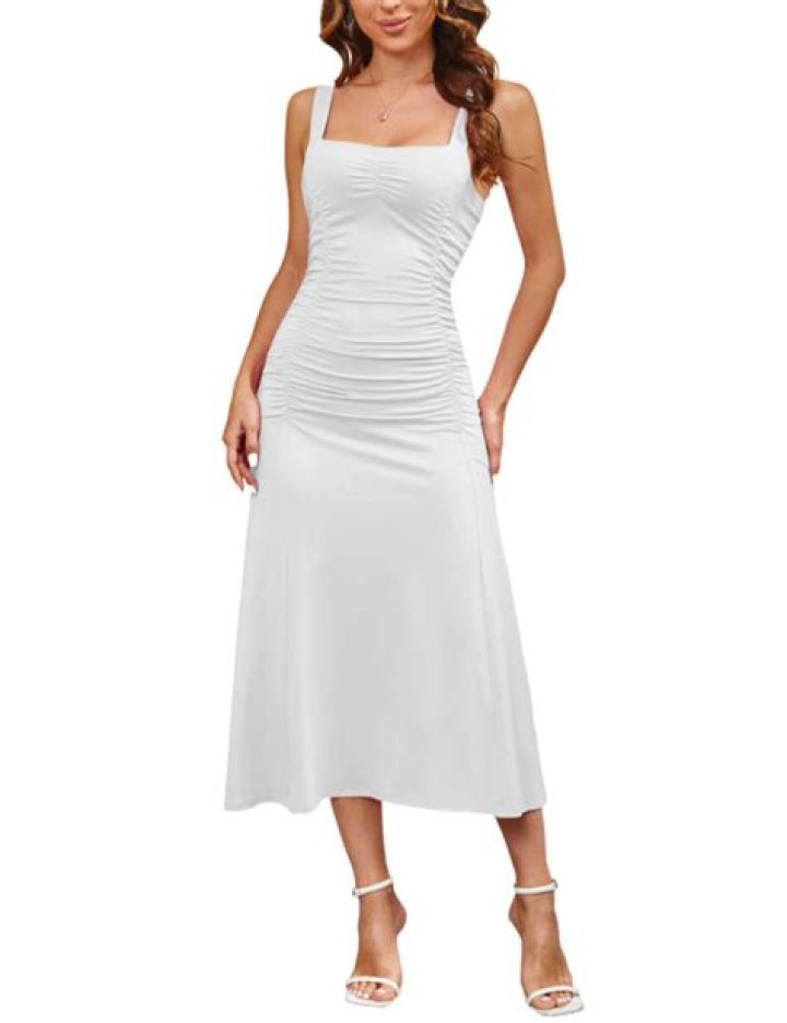 Sleeveless ruched midi with a plunging neckline