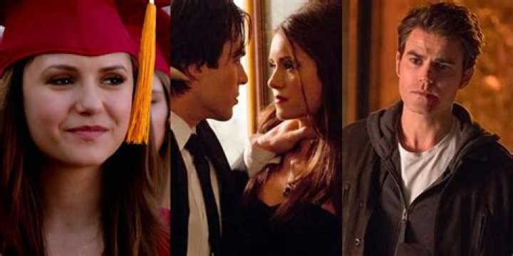 Split iamge of Elena graduating, Damon threatening Katherine, and Stefan looking on in The Vampire Diaries