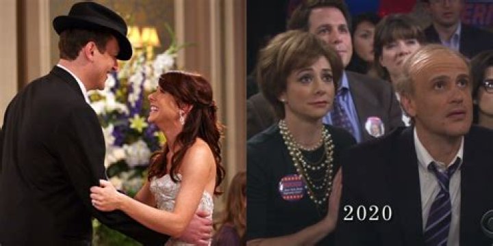 split image, Marshall and Lily's wedding and flash forward