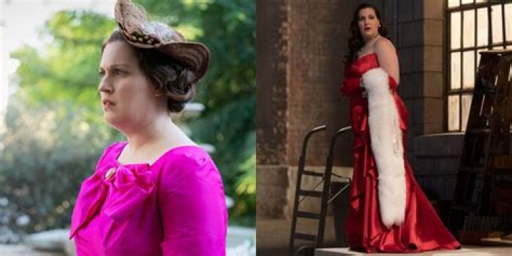 Split image of Alma Fillcot wearing a pink handmade dress and wearing a fancy red evening gown in Why Women Kill season 2