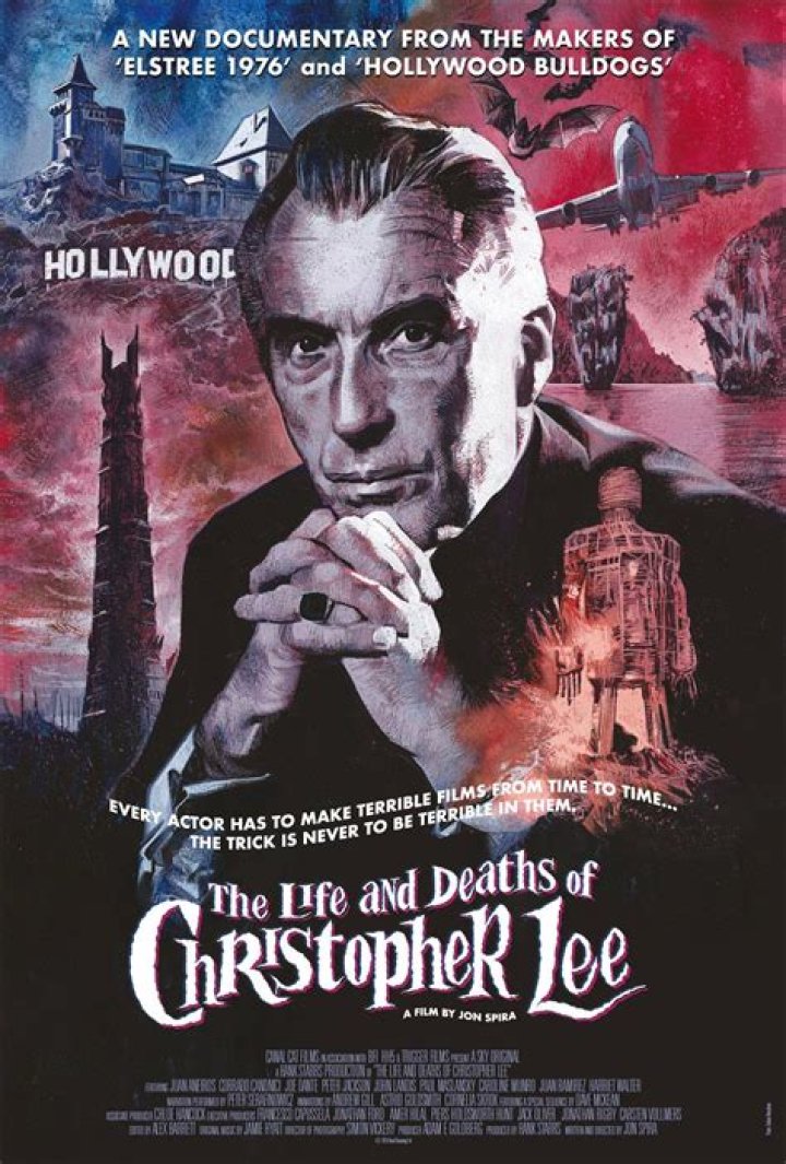 Split image of Christopher Lee and Peter Cushing in The Gorgon & in Horror Express.