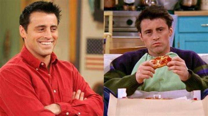 Split image of Joey Tribbinai wearing a red shirt and eating pizza on Friends
