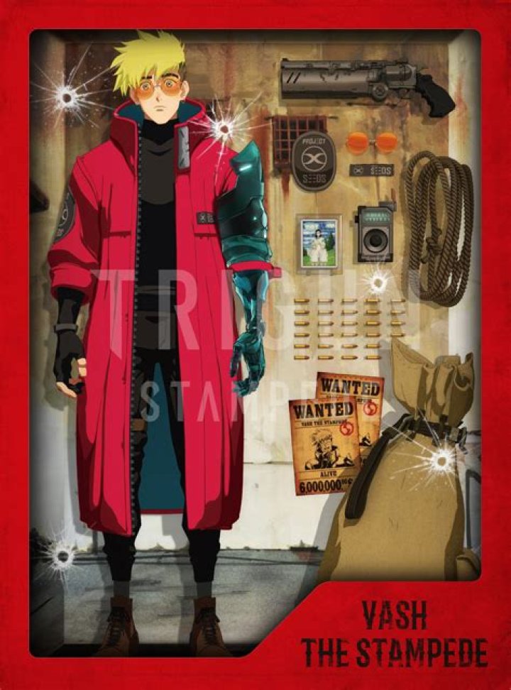 Split image of Vash the Stampede and Knives Millions pointing guns at each other in Trigun