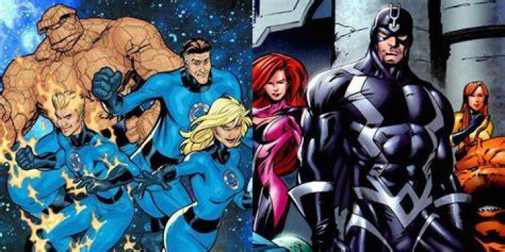 Split image showing the Fantastic Four and the Inhumans in the comics