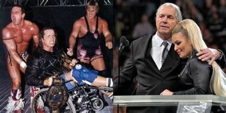Split screen. Bret Hart being pushed around in a wheelchair. Bret Hart and Natalya Hall Of Fame induction.