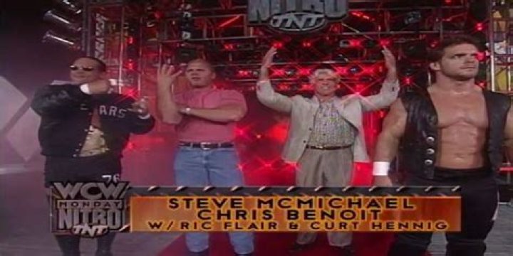 Steve McMichael, Curt Hennig, Ric Flair and Chris Benoit as WCW's Four Horsemen on an episode of Monday Nitro