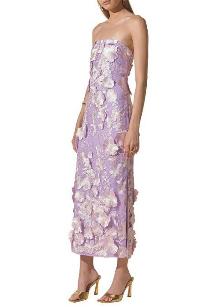 Strapless 3-D flower-embellished mini gown